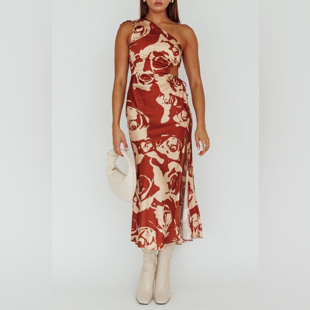 Floral One-Shoulder Dress in Copper and Cream